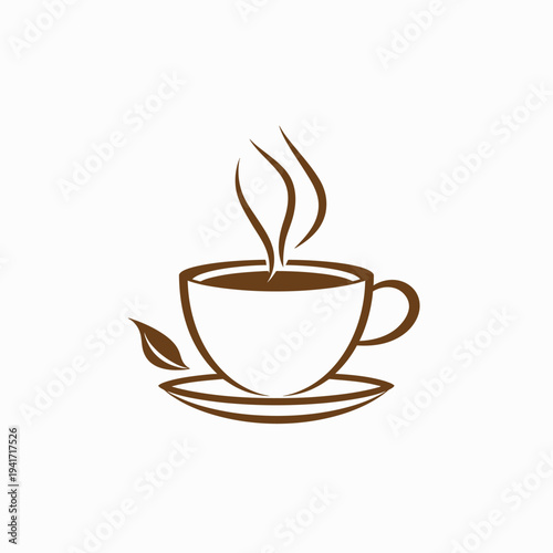 Steaming coffee cup logo illustration with saucer and leaf element design