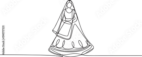 Bridal heritage and traditional outfit, Indian wedding dress. one line art icon drawing vector