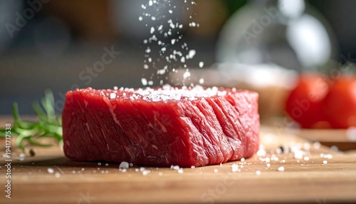 Raw red meat sits on wood while coarse salt sprinkles down; tomatoes and other seasonings lie slightly blurred behind