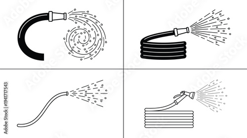 Garden hose spray icon set with watering nozzle pipe irrigation stream water flow silhouettes isolated on white background