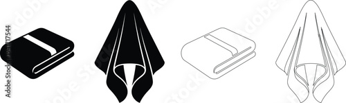 Folded towel icons set with stack and hanging towel shapes minimal bathroom textile silhouette and outline vector illustration