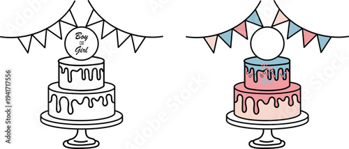 Gender reveal cake with boy or girl topper and party flags