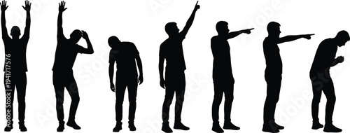 Set of men silhouette showing different gestures pointing raising hands thinking and praying isolated black vector illustration collection