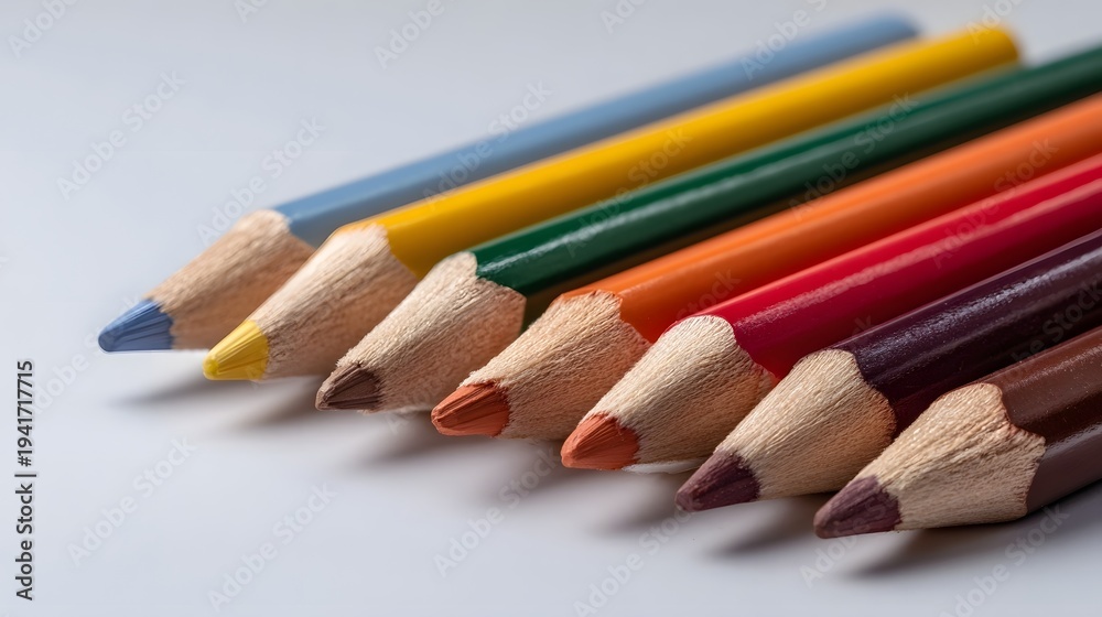 Obraz premium A row of sharpened colored pencils in various vibrant colors arranged diagonally on a clean white background showing detailed texture