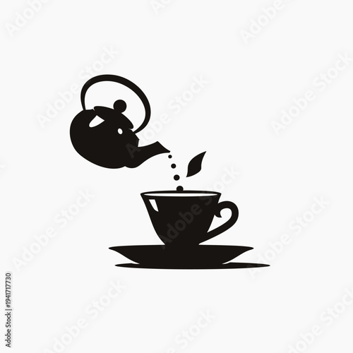 Black and white illustration of teapot pouring tea into a cup on saucer