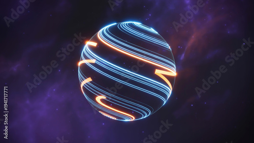 Abstract Digital Orb with Swirling Lines and Cosmic Background