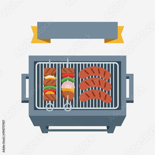 Top-down view of a barbecue grill with skewers of meat and vegetables and sausages cooking on the grate.