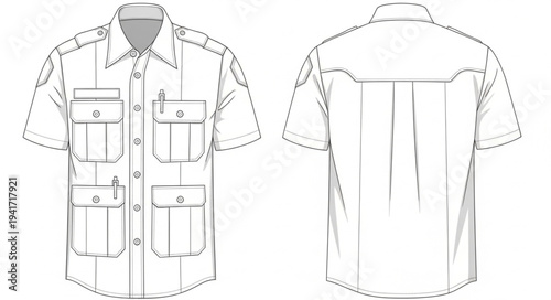 Detailed Line Art Illustration of a Short-Sleeved Safari Shirt.