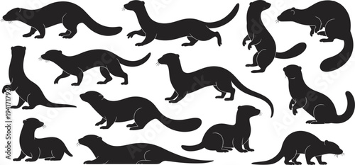 Large set of black ferret and weasel silhouettes featuring various poses including running jumping and standing isolated on white background for wildlife design.