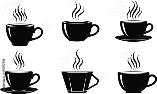 Six Black Silhouettes of Coffee Cups with Steam on White Background drink