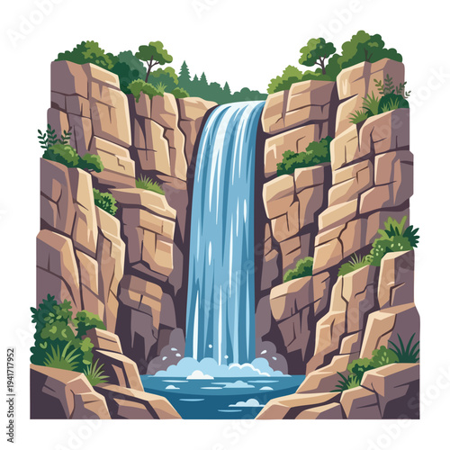 Cartoon Waterfall with Rocks and Pond Illustration
