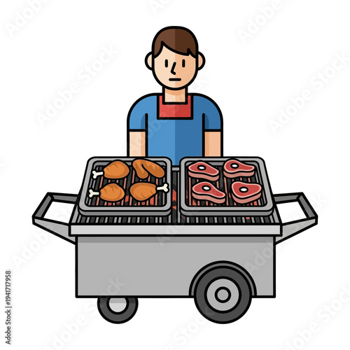 A man stands behind a grill with chicken and steaks cooking on it.
