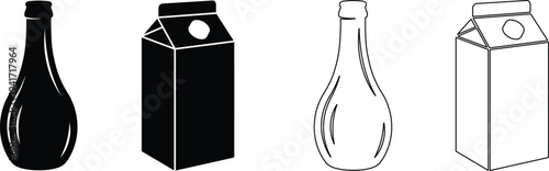 Glass bottle and milk carton packaging icons set beverage containers silhouette and outline vector illustration isolated collection