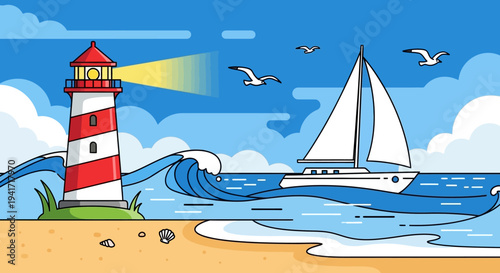 Coastal scene with lighthouse sailboat and seagulls illustration