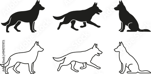 German Shepherd dog silhouette and outline set showing standing, running and sitting poses isolated minimal vector illustration collection