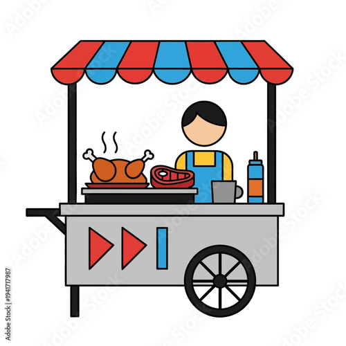 A street food vendor stands behind a cart selling roasted chicken and steak, with condiments and a drink.