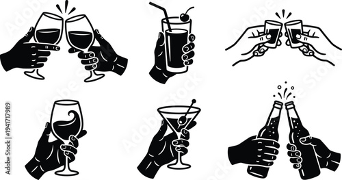 Hands holding drinks icon set with wine cocktail beer shot and juice glasses cheers celebration beverage silhouettes isolated