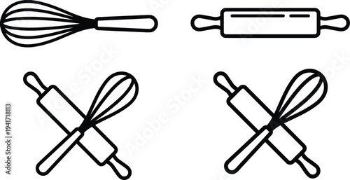 Kitchen whisk and rolling pin baking tools icon set cooking utensils silhouette and outline vector illustration collection
