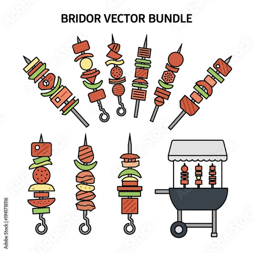 A collection of colorful, flat-design vector illustrations of various grilled skewers and a barbecue grill, perfect for food-related designs.
