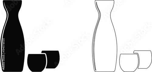 Japanese sake bottle and cups icon set traditional rice wine drink silhouette and outline vector illustration