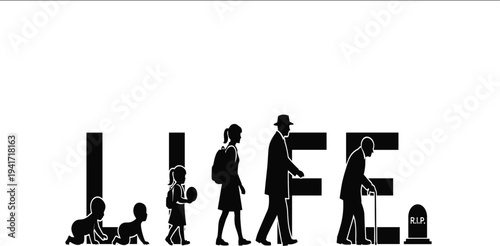 Black silhouettes illustrating the stages of life from infancy to old age and death Keywords: life, stages, life cycle, birth