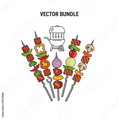 Vector bundle of grilled meat and vegetable skewers with a barbecue grill illustration.