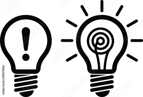 Light bulb idea and warning symbol icons set, innovation concept and attention alert lamp silhouette vector illustration isolated