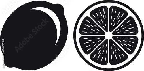 Lemon fruit whole and sliced citrus icon set, fresh organic lemon silhouette and cross section slice minimal vector illustration isolated on background