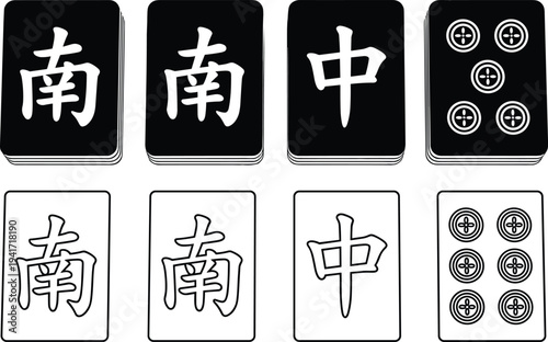 Mahjong tiles icons set with Chinese characters and circle suit symbols traditional board game pieces outline and silhouette vector