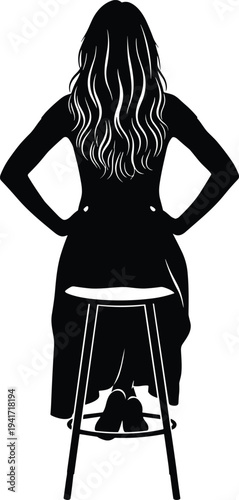 Woman sitting on stool back view long hair female silhouette vector illustration isolated background casual pose modern lifestyle