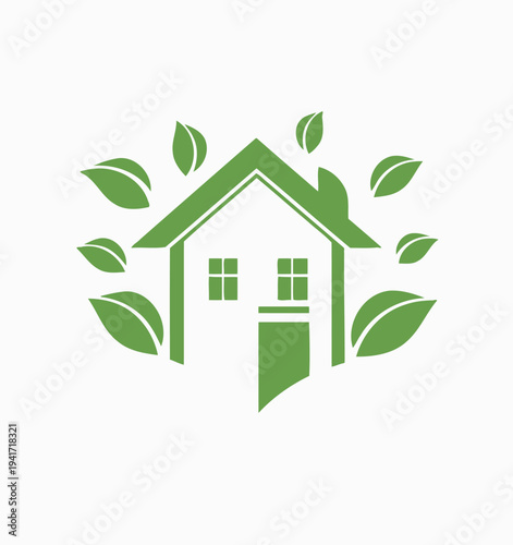 Green house icon with surrounding leaves represents eco friendly concept