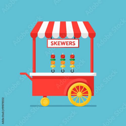 A vibrant red food cart with a striped awning, selling skewers of colorful vegetables and meat, set against a bright blue background.