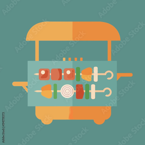 A flat design illustration of a food cart serving skewers of meat and vegetables.