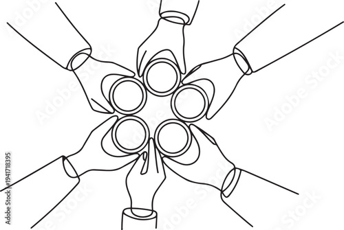 One continuous line drawing of young male and female business people team members hands cheering with glass of coffee from top view. one line art icon drawing vector