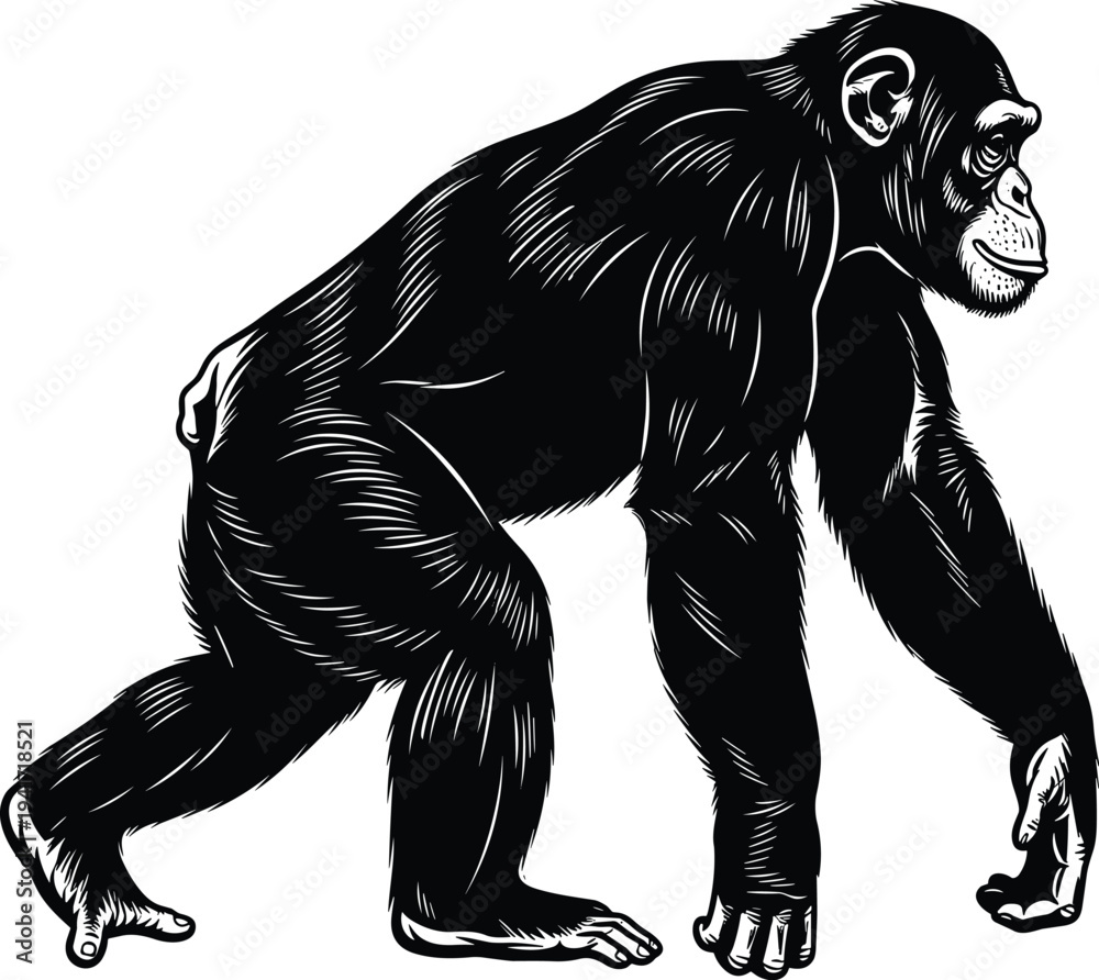 Fototapeta premium Detailed chimpanzee walking side view vintage engraving style primate wildlife animal illustration isolated black silhouette vector for nature zoology design