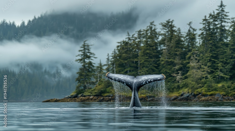 custom made wallpaper toronto digitalA majestic humpback whale tail fluke in the water with a backdrop of lush green trees and misty mountains.