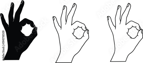 Three Hand Gestures Showing OK Sign Silhouette Line Art White Background symbol