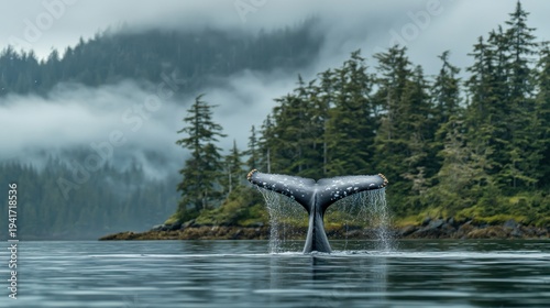 Wallpaper Mural A majestic humpback whale tail fluke in the water with a backdrop of lush green trees and misty mountains. Torontodigital.ca