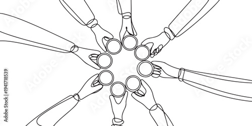 One continuous line drawing of young male and female business people team members hands cheering with glass of coffee from top view. one line art icon drawing vector
