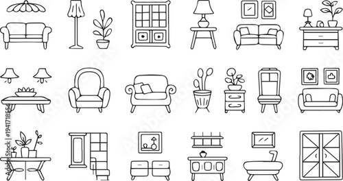 Set of 20 furniture icons vector, line style