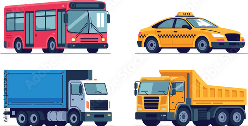 Vehicles on road with bus, taxi, truck, and dump truck illustrations