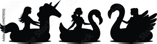 Girls riding inflatable pool floats silhouettes, unicorn swan water toy summer vacation leisure illustration isolated on white background