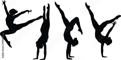 gymnast girl silhouettes performing acrobatic poses, female gymnastics athlete balance and jump illustration isolated on white background sport