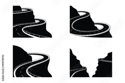 Winding mountain road with guardrails, steep cliffs, vector illustrati