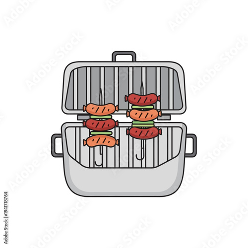 A top-down illustration of a barbecue grill with sausages cooking on skewers.
