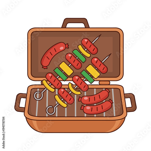 An open grill with sausages and vegetable skewers cooking on the grate, ready for a barbecue.