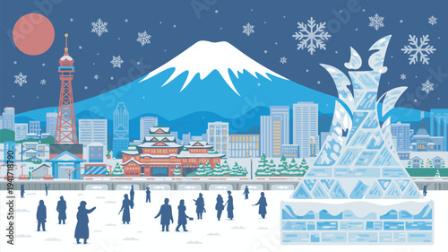 A vibrant winter cityscape with people ice skating in front of a majestic mountain and traditional architecture