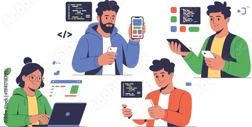 Diverse group of IT engineers collaborating on coding projects with various devices and screens displaying code snippets