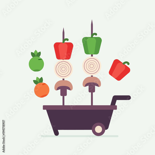 A colorful flat illustration of a barbecue grill with skewers of vegetables and fruits, symbolizing healthy outdoor cooking and summer.