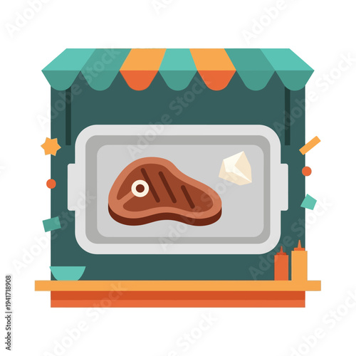 A stylized illustration of a food stall featuring a grilled steak on a platter with condiments.